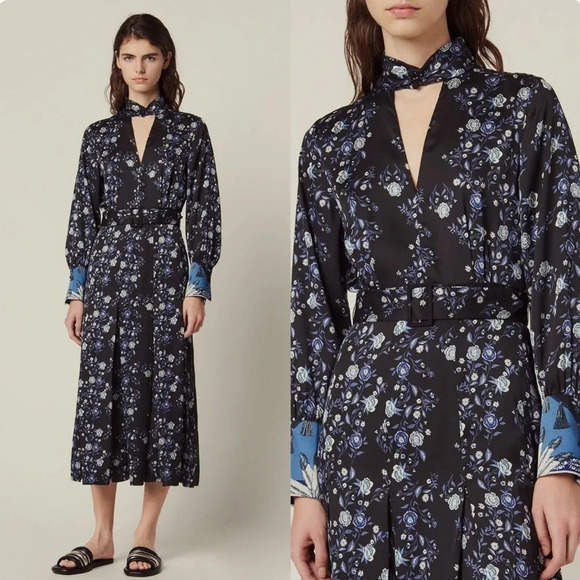 SANDRO BONNY CUT OUT FLORAL SATIN MIDI DRESS - Picture 2 of 10